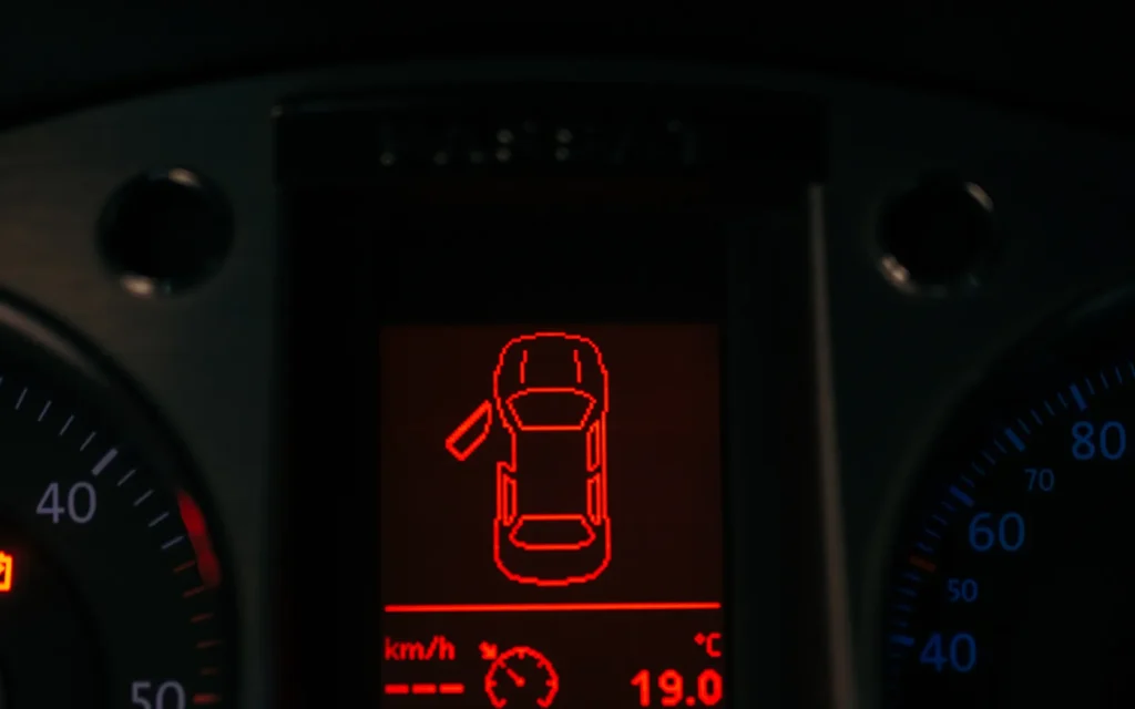 Several warning lights lit at the same time on a vehicle instrument panel at night